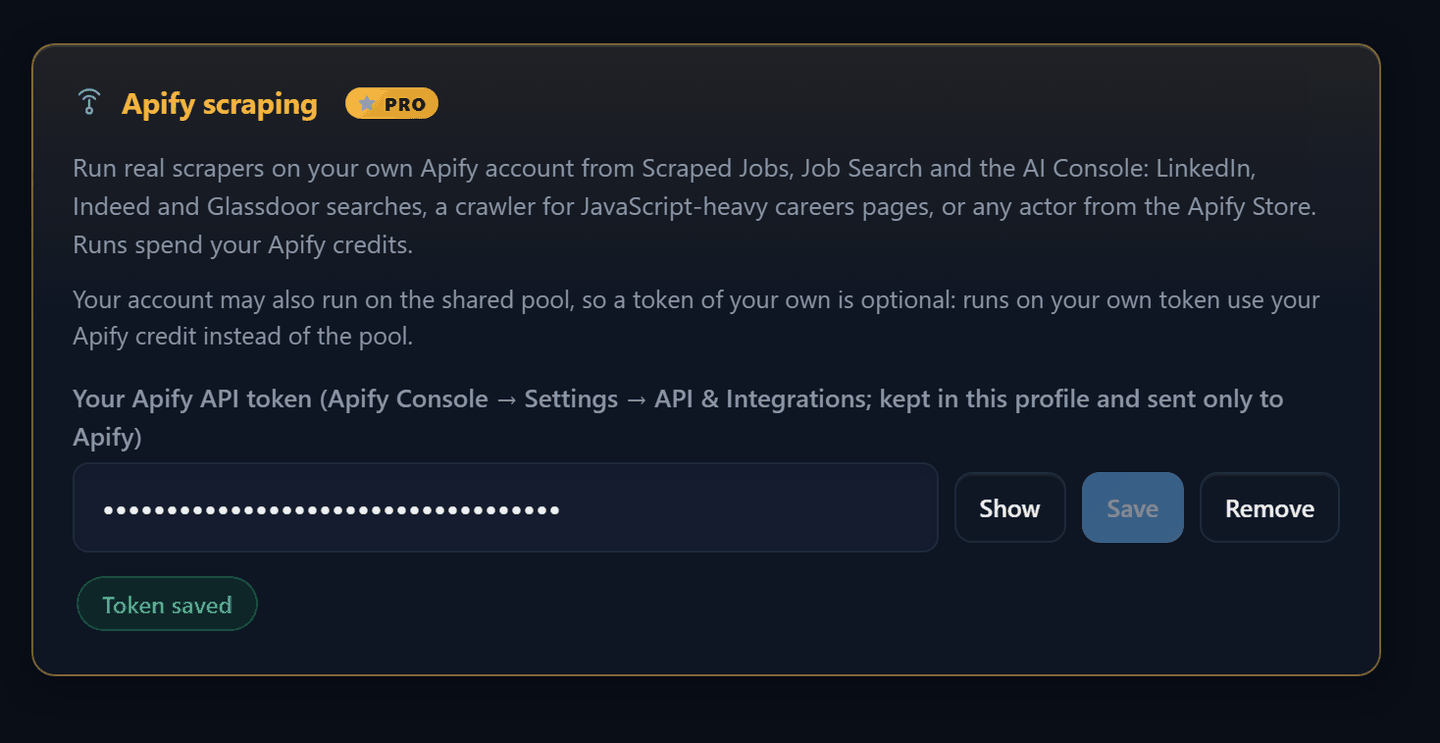 The Apify scraping card in Settings with the token field and the token works pill