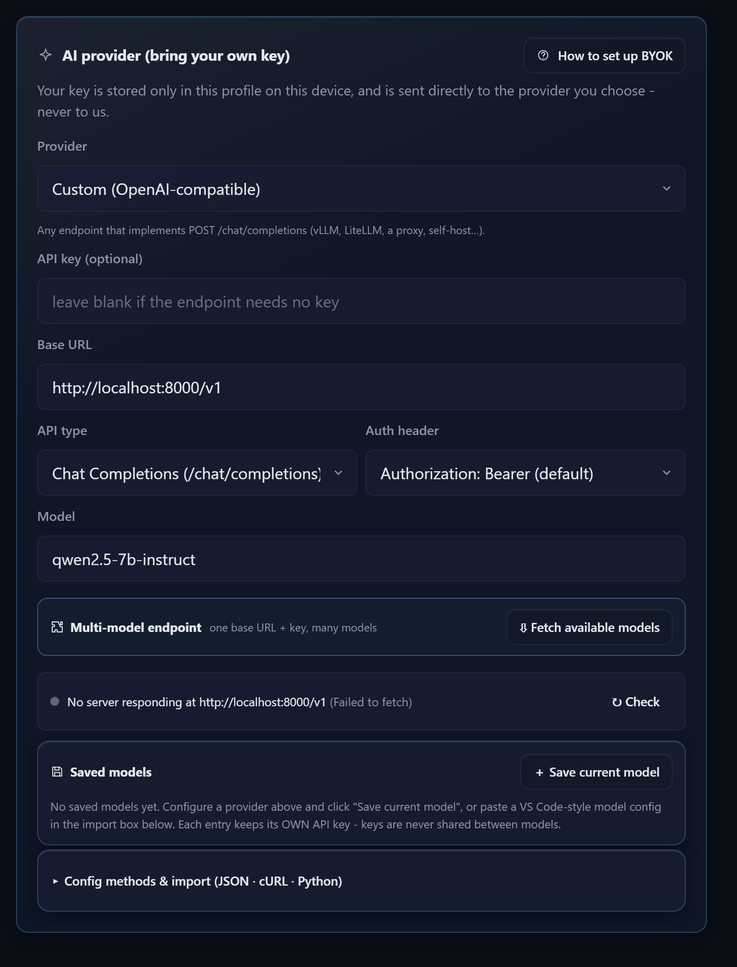 The AI provider card with Custom selected: base URL, API type, auth header and the multi-model endpoint fetch