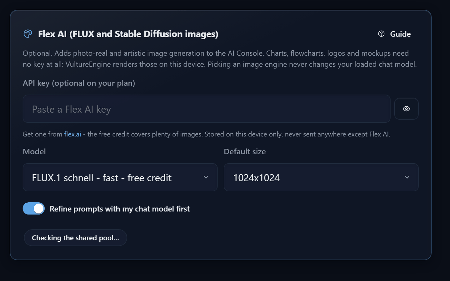 The Flex AI card in Settings with the key field, model and size selects, the refine switch and the status pill
