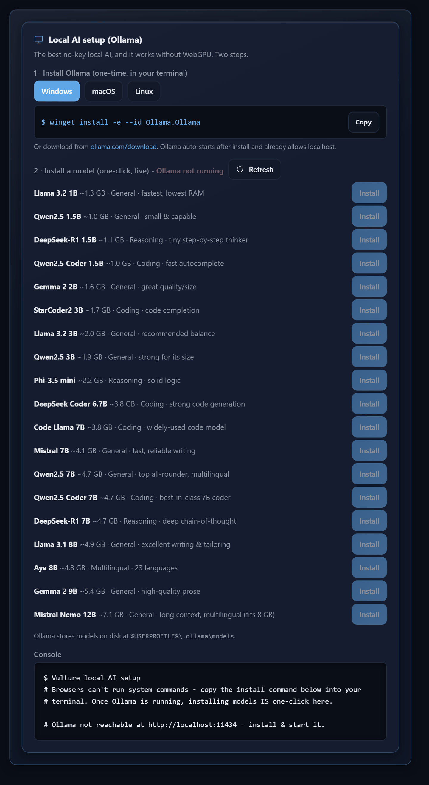 The Local AI setup card with the install command, the running status and the one-click model installs
