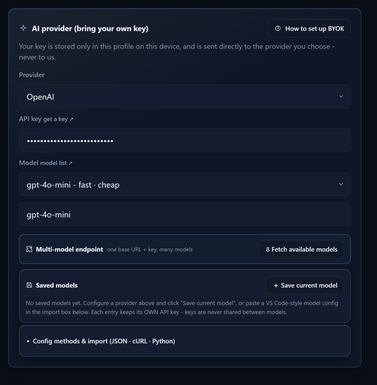The AI provider card in Settings with OpenAI selected, an API key, and the model preset list