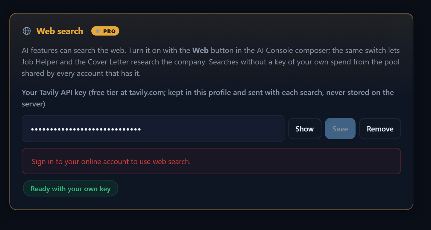 The Web search card in Settings with the Tavily key field and the ready pill